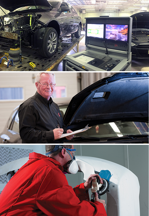 Three images stacked vertically. Top image: running diagnostics on a car. Middle image: smiling man with a clipboard. Bottom image: a man sanding a repaired spot on a bumper.